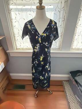 Lewit Navy Blue Floral Print 100% Silk V-Neck Midi Dress Size 14